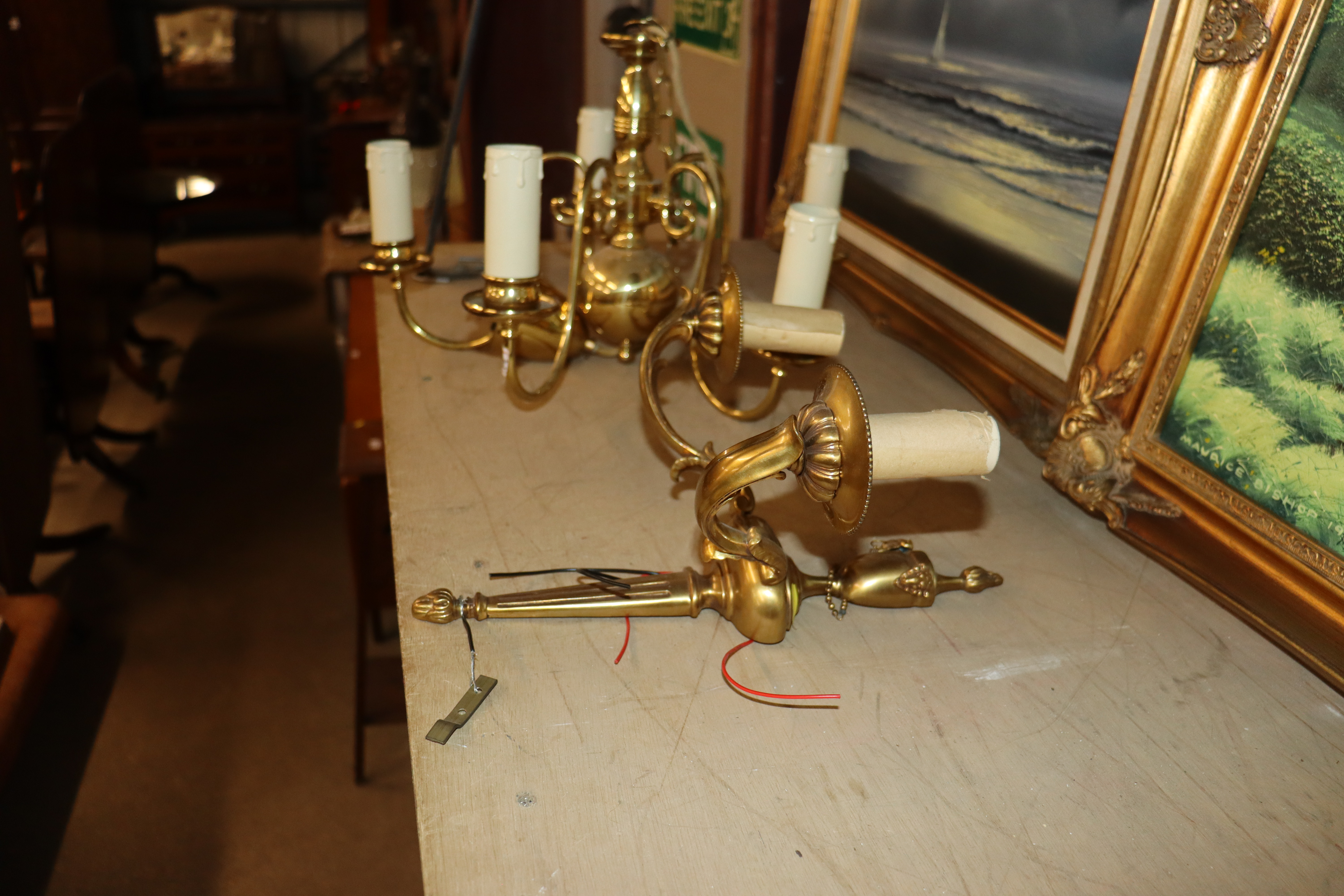 A twin branch light fitting and a brass five branc - Image 2 of 2