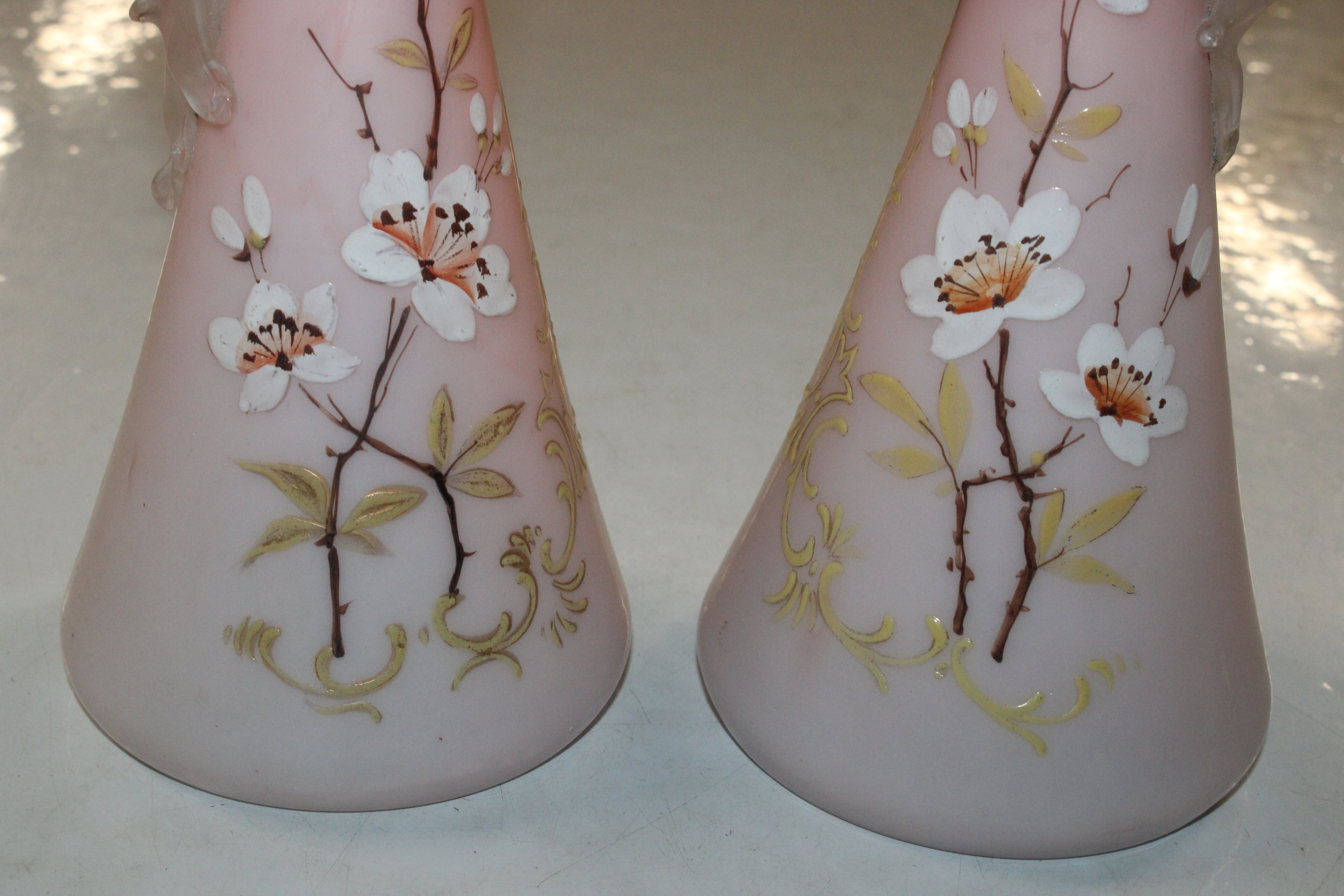 A pair of satin glass floral decorated ewers - Image 2 of 13