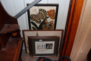 Two Indian paintings on fabric and a pair of framed and glazed prints "Into The Red Sea" and "In The
