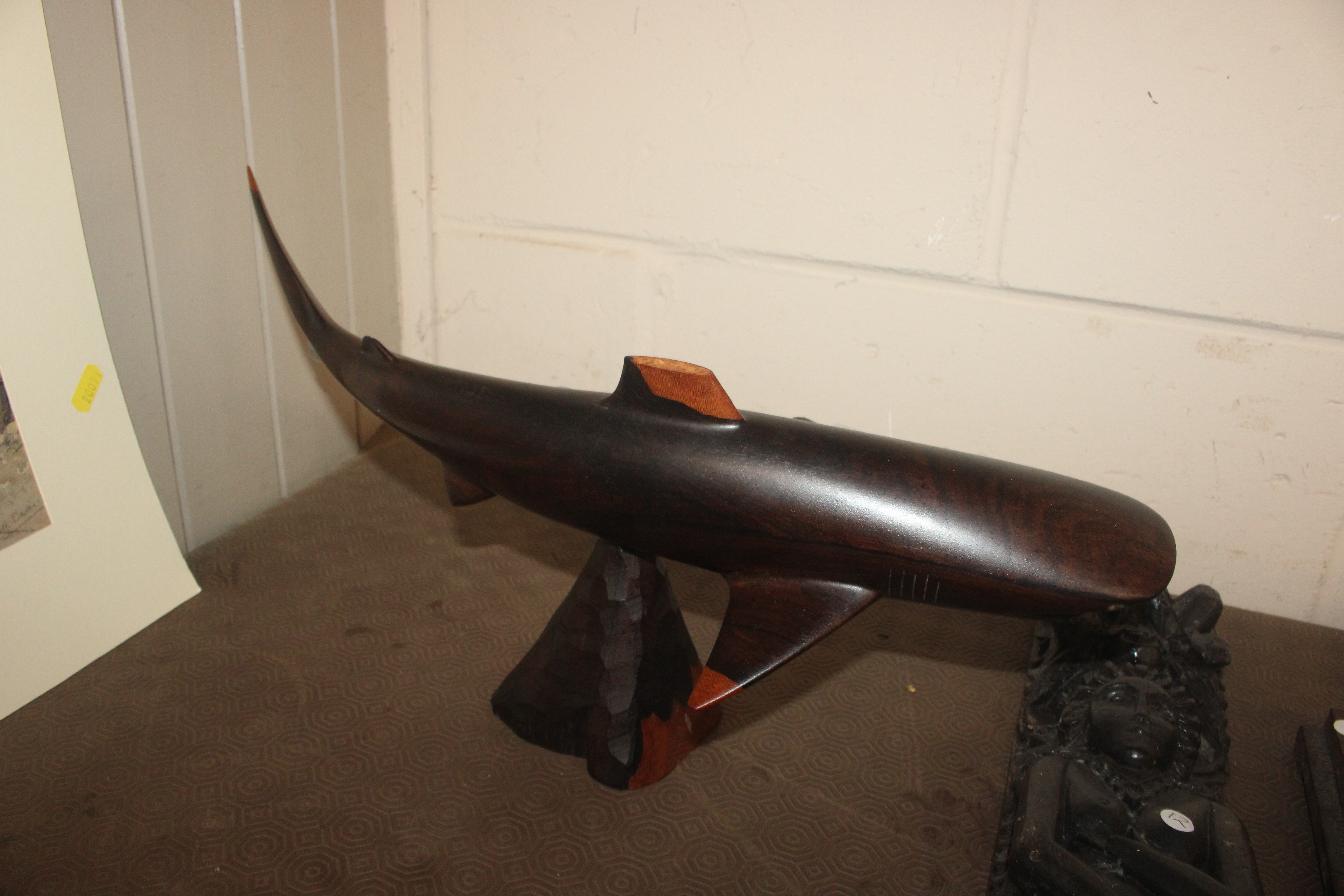 A large Polynesian carved hardwood shark with teet - Image 5 of 6