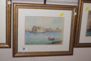 Joseph Galea, watercolour of Malta Harbour scene