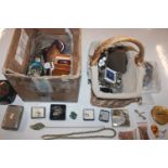 A box containing various costume jewellery, coinag