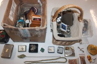 A box containing various costume jewellery, coinag