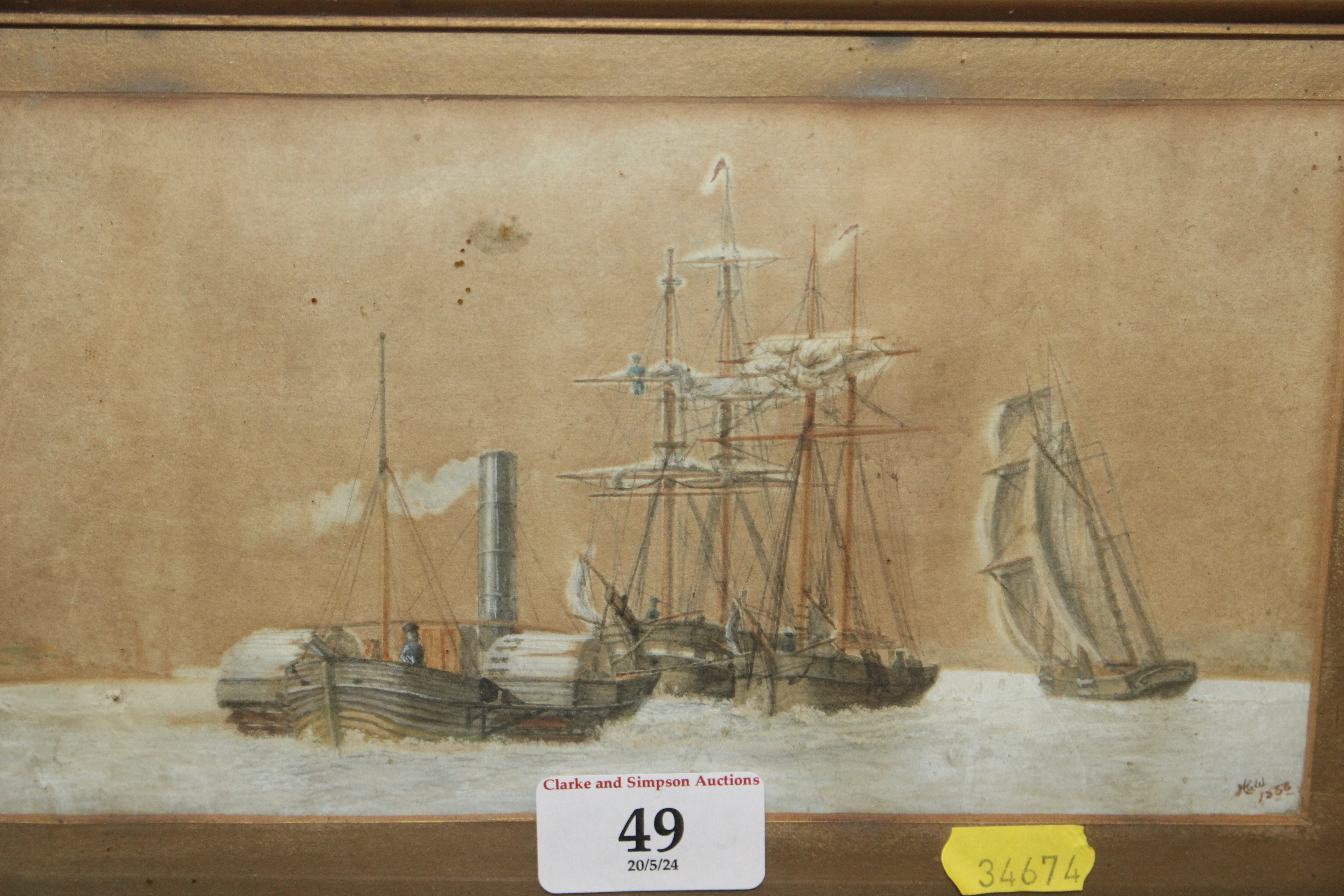 Watercolour of sailing vessels and a steam ship in - Image 2 of 3