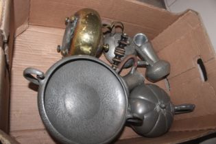 A box of various pewter, tea ware, brass kettle et