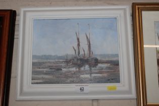 Ken Curtis, acrylic of river barges at Pin Mill, S