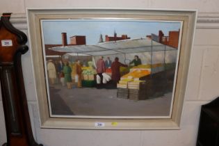 F. Woodard, oil on board of a fruit and veg stall