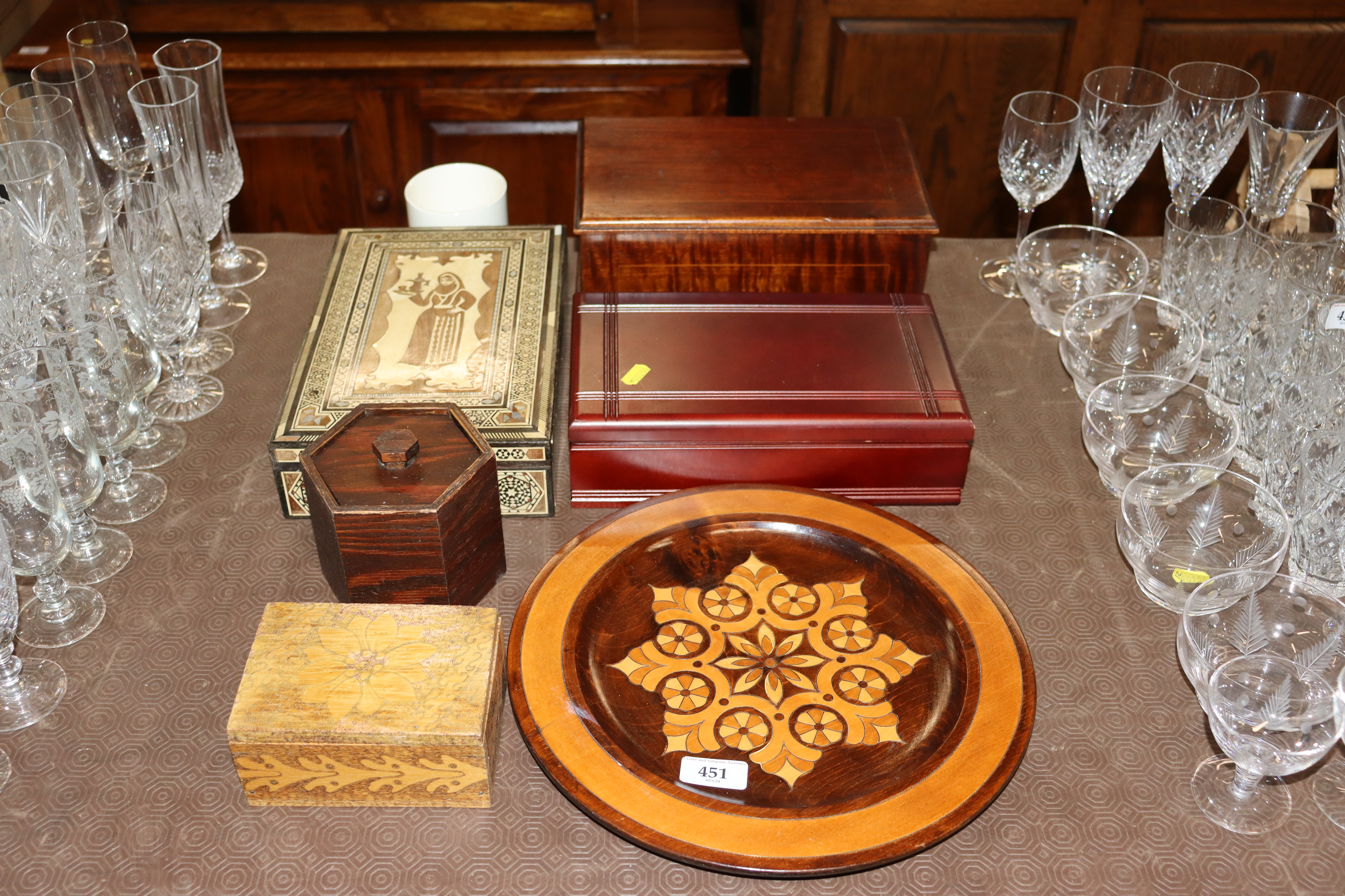 A decorative wooden plate; a jewellery box and var