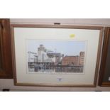 Pencil signed watercolour of Ipswich Docks 1990