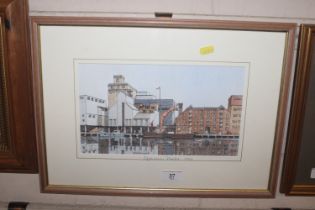 Pencil signed watercolour of Ipswich Docks 1990