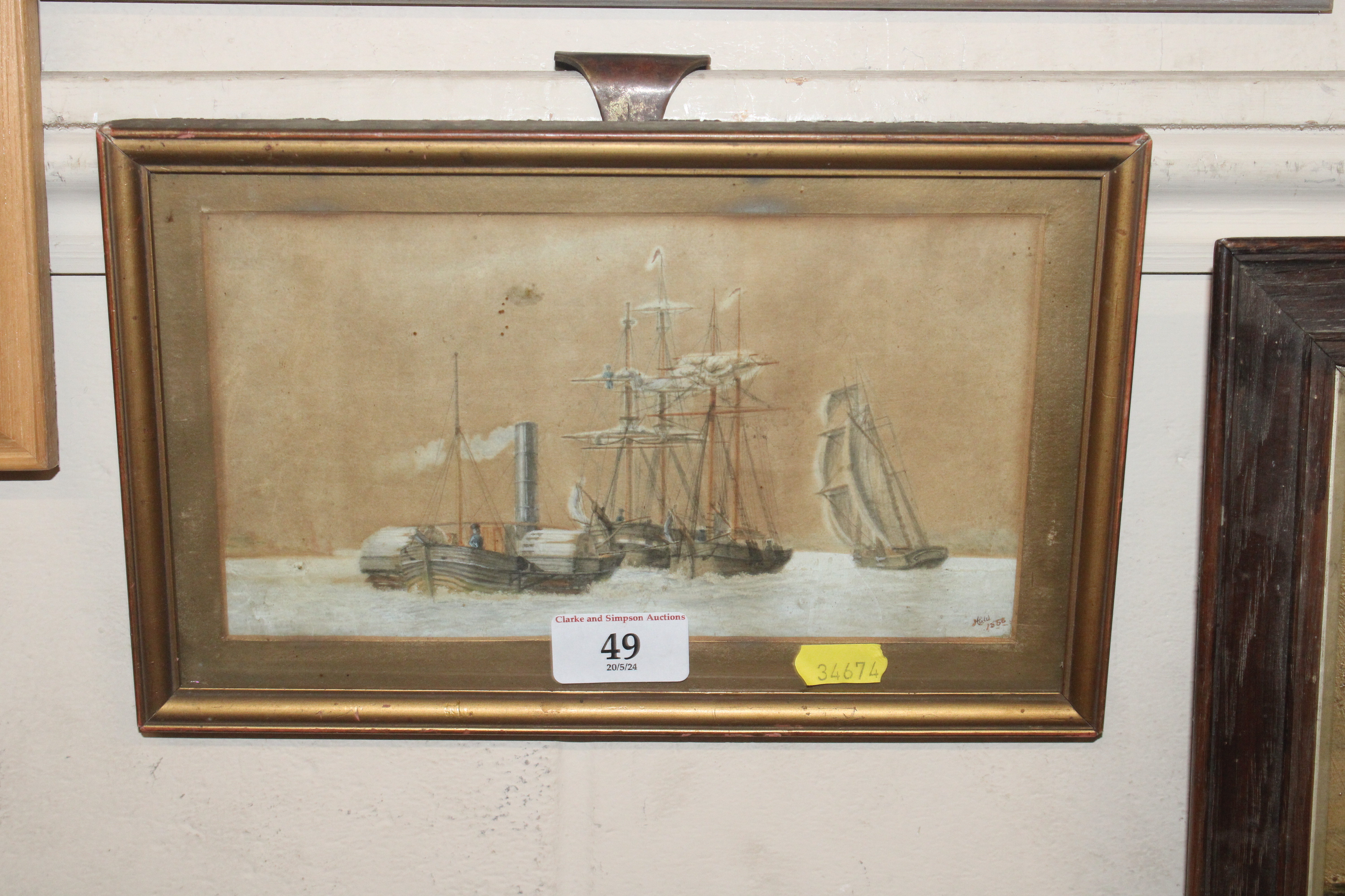 Watercolour of sailing vessels and a steam ship in