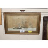 Watercolour of sailing vessels and a steam ship in