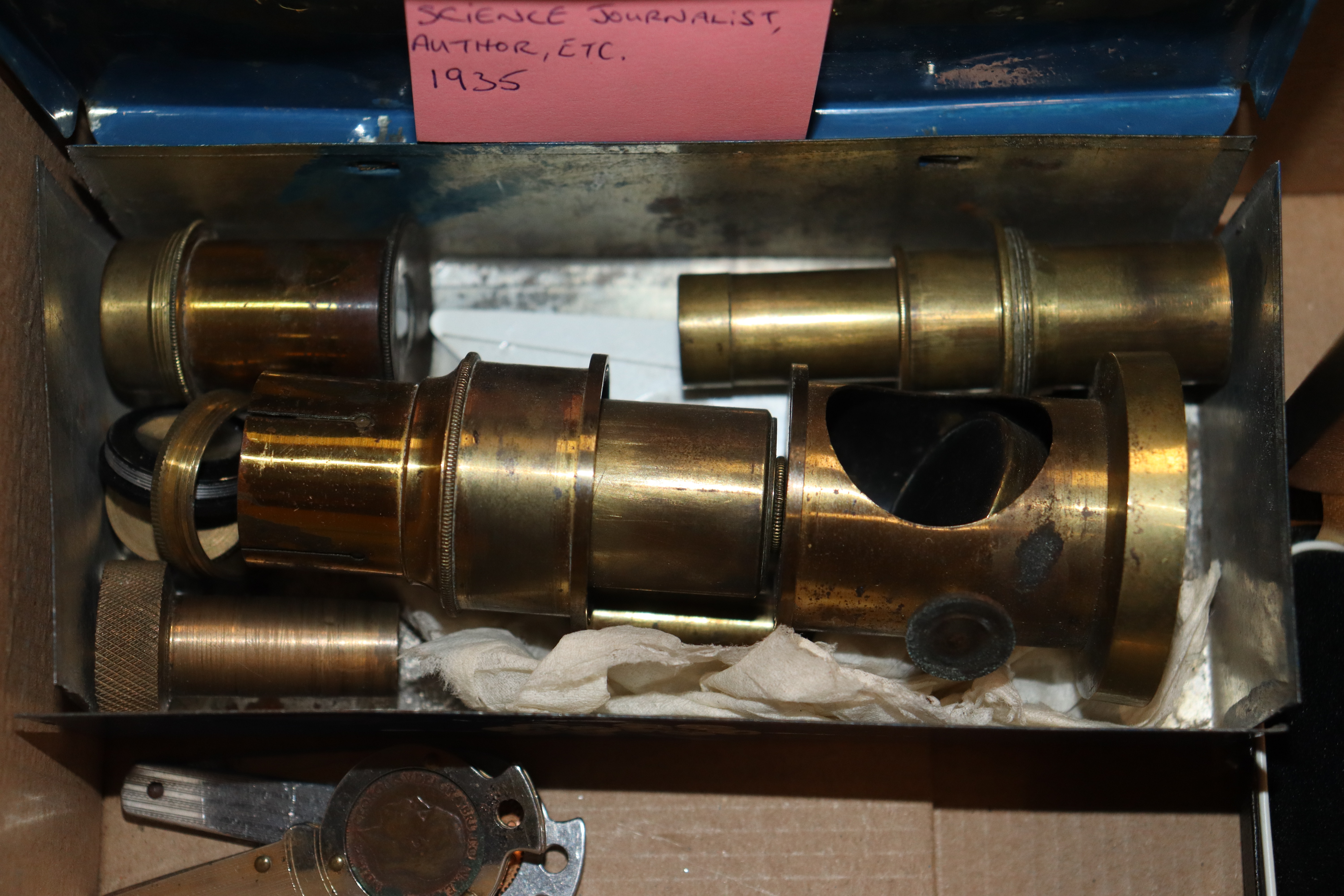 A box containing a brass microscope, various cuff- - Image 15 of 22