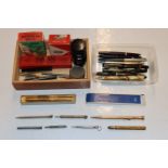 A box of assorted vintage fountain pens, others pe