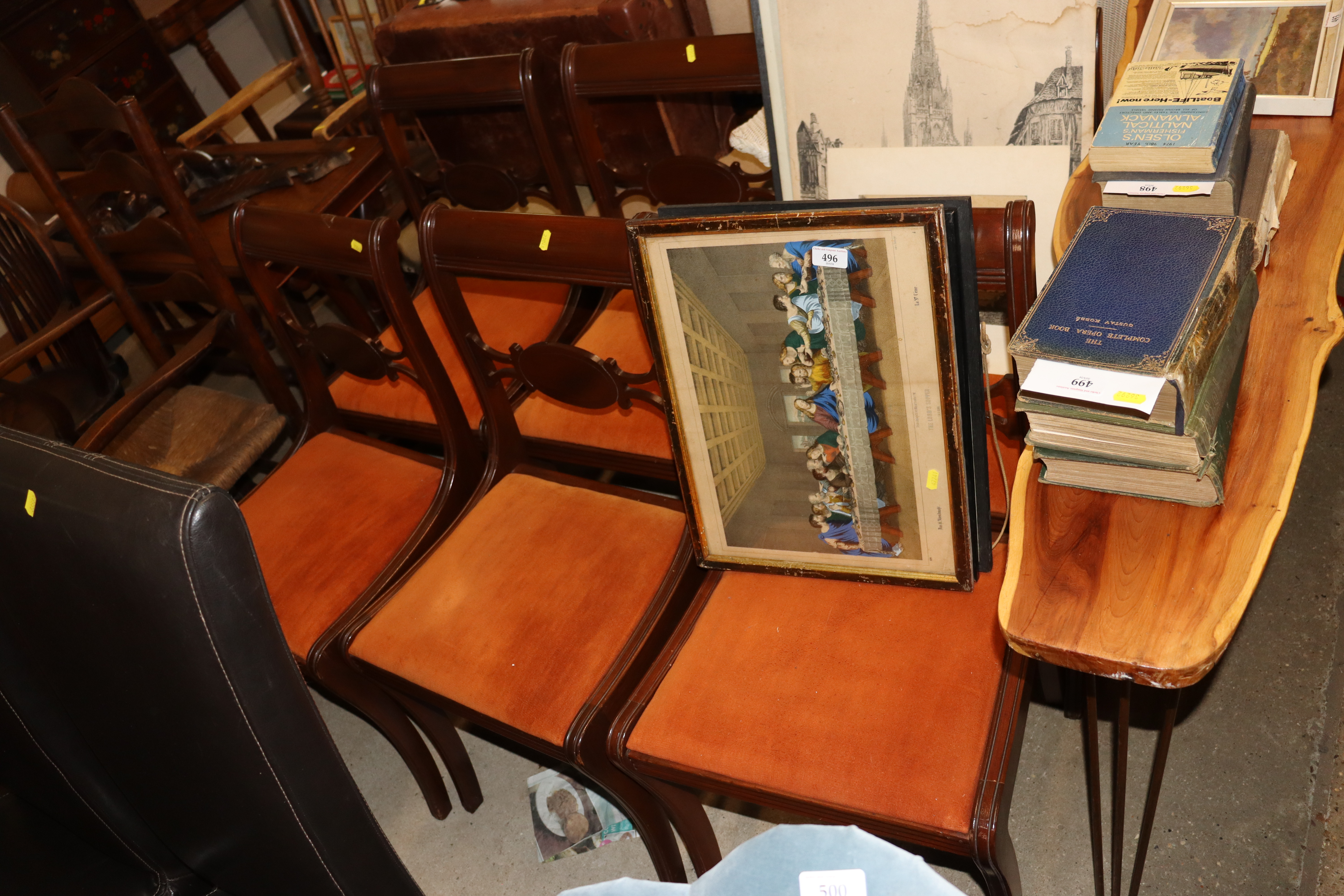 A set of six dining chairs with upholstered drop i