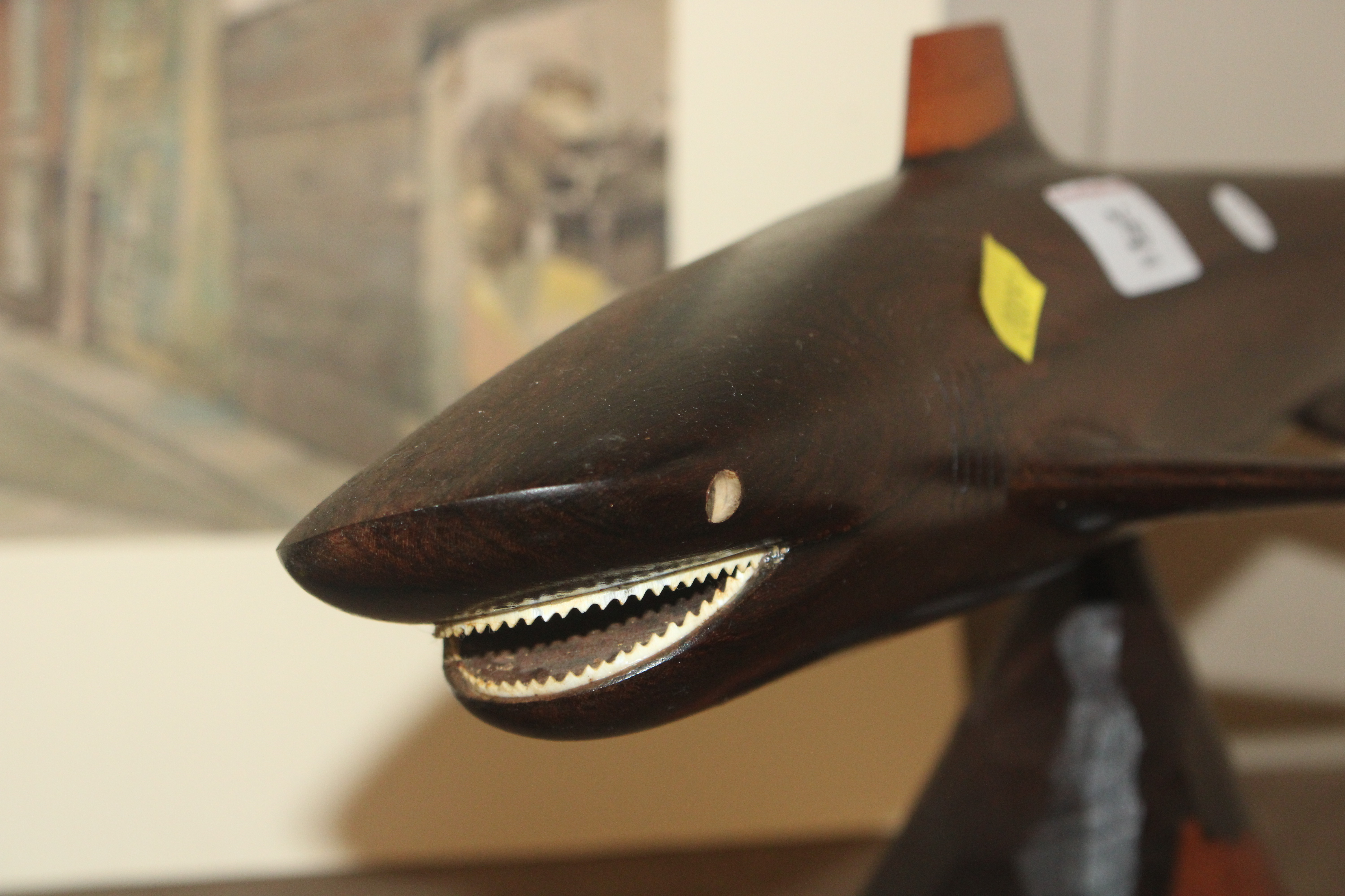 A large Polynesian carved hardwood shark with teet - Image 3 of 6