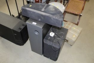 Two Yamaha speakers and a Phillips speaker