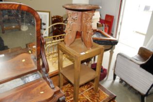 A beech side table together with a carved and bras