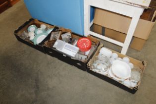 Three boxes containing various glass, china, dinne