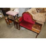 A telephone table, a drop leaf table, a cane top s