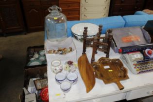A wooden folding stand, a glass demi john, a collection of Wade Whimsies etc.