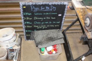 A chalk board, rubber mats, pest control liquids etc