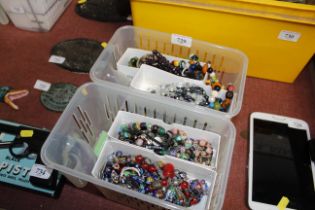 Two boxes of various costume jewellery, bead neckl