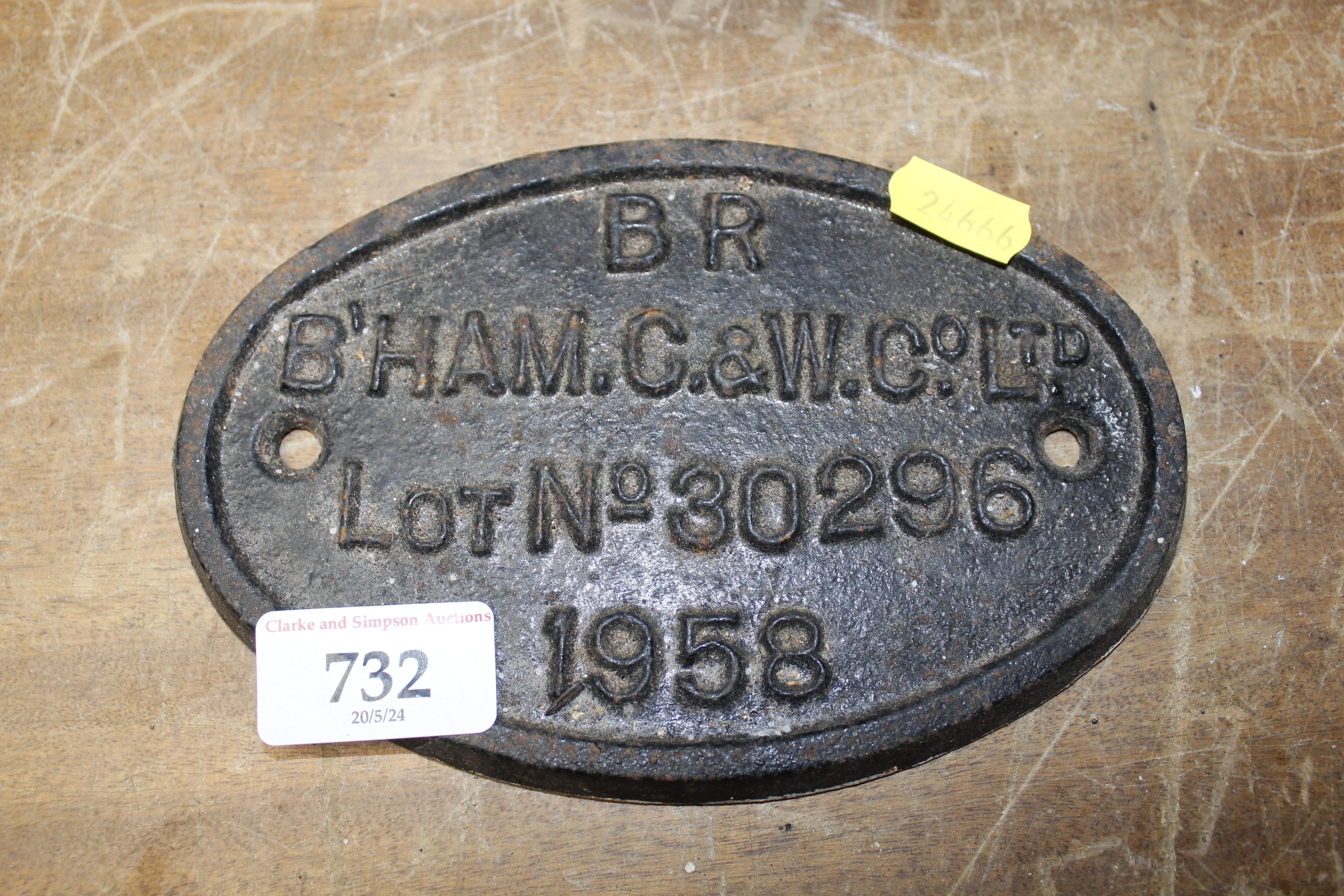 A cast iron BR Birmingham Company Ltd sign dated 1