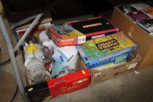Two boxes containing various board games, sundry g