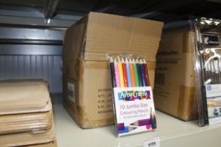 A box containing sets of ten jumbo colouring penci