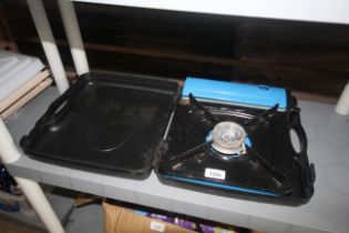 A portable gas stove in fitted plastic case
