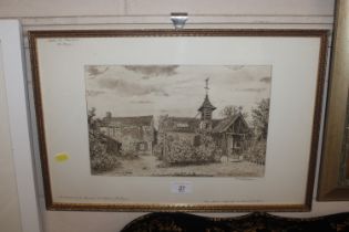 A framed and glazed engraving, pencil signed marce