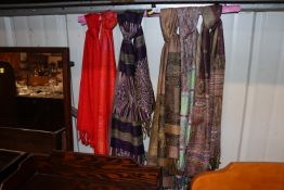 Six silk and cashmere shawls, scarves etc.