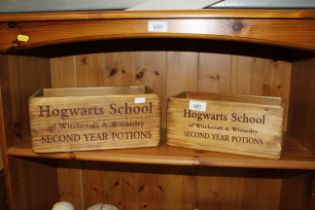 Two small Hogwarts School decorated wooden crates (246)