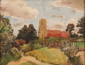 Allan Walton 1891-1948, study of a rural church, watercolour 21.5cm x 28cm
