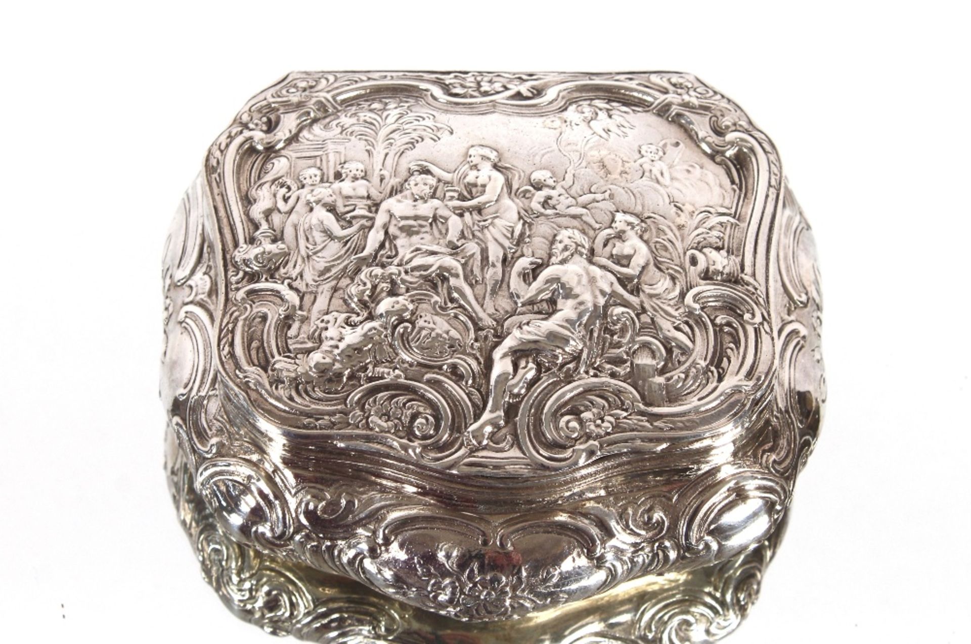 A 19th Century continental silver table snuff box, with classical decoration of figures in a