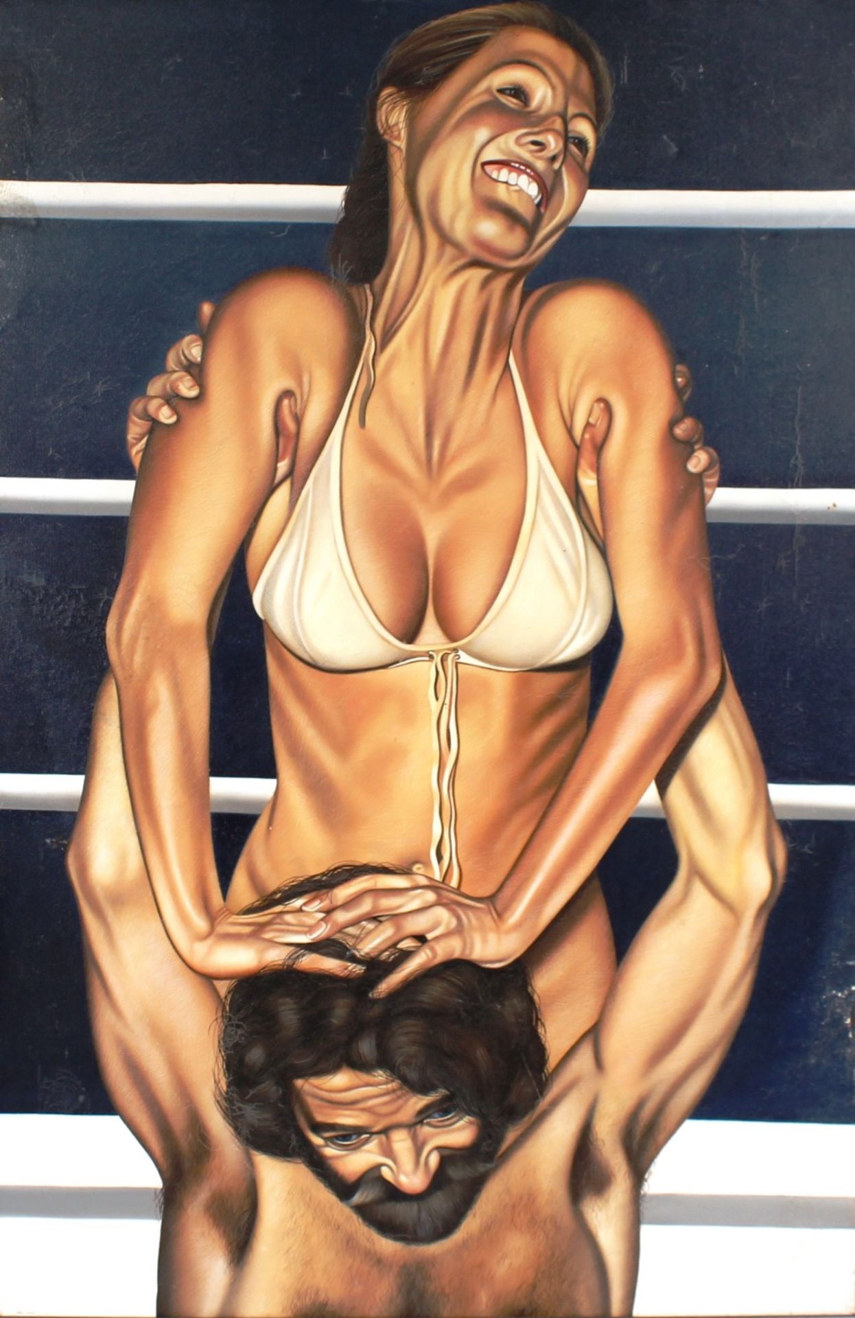 Eric Scott, oil on canvas depicting a man holding a scantily clad woman aloft, signed oil 131cm x