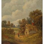 Christopher Mark Maskell, study of rural cottage with figure on a path, sheep and church in the