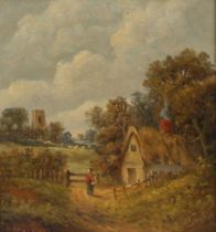 Christopher Mark Maskell, study of rural cottage with figure on a path, sheep and church in the