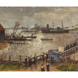 Allan Walton 1891-1948, study of a busy naval port with vessels and sailors, signed oil on canvas,