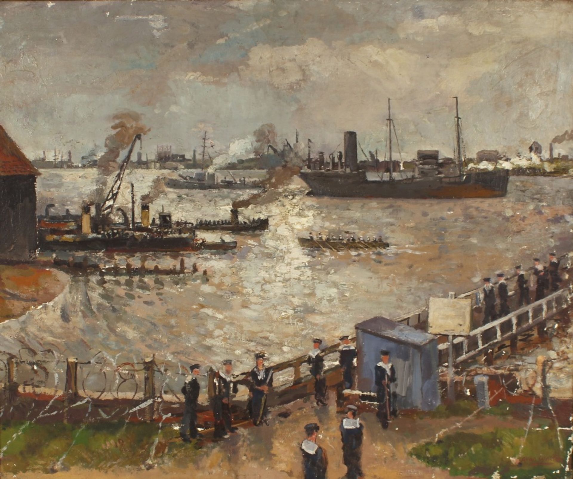 Allan Walton 1891-1948, study of a busy naval port with vessels and sailors, signed oil on canvas,