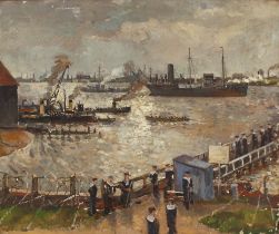 Allan Walton 1891-1948, study of a busy naval port with vessels and sailors, signed oil on canvas,