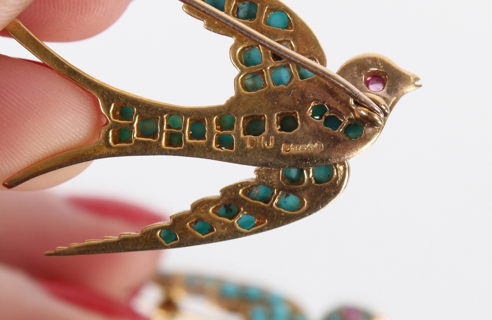 A 9ct gold turquoise and ruby set swallow brooch, 7.9gms - Image 3 of 3