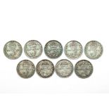 Nine Edward VII silver threepence pieces, 1902-1910