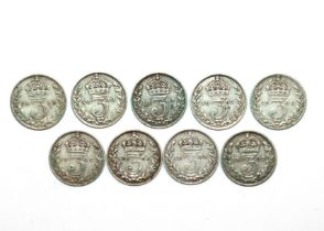 Nine Edward VII silver threepence pieces, 1902-1910