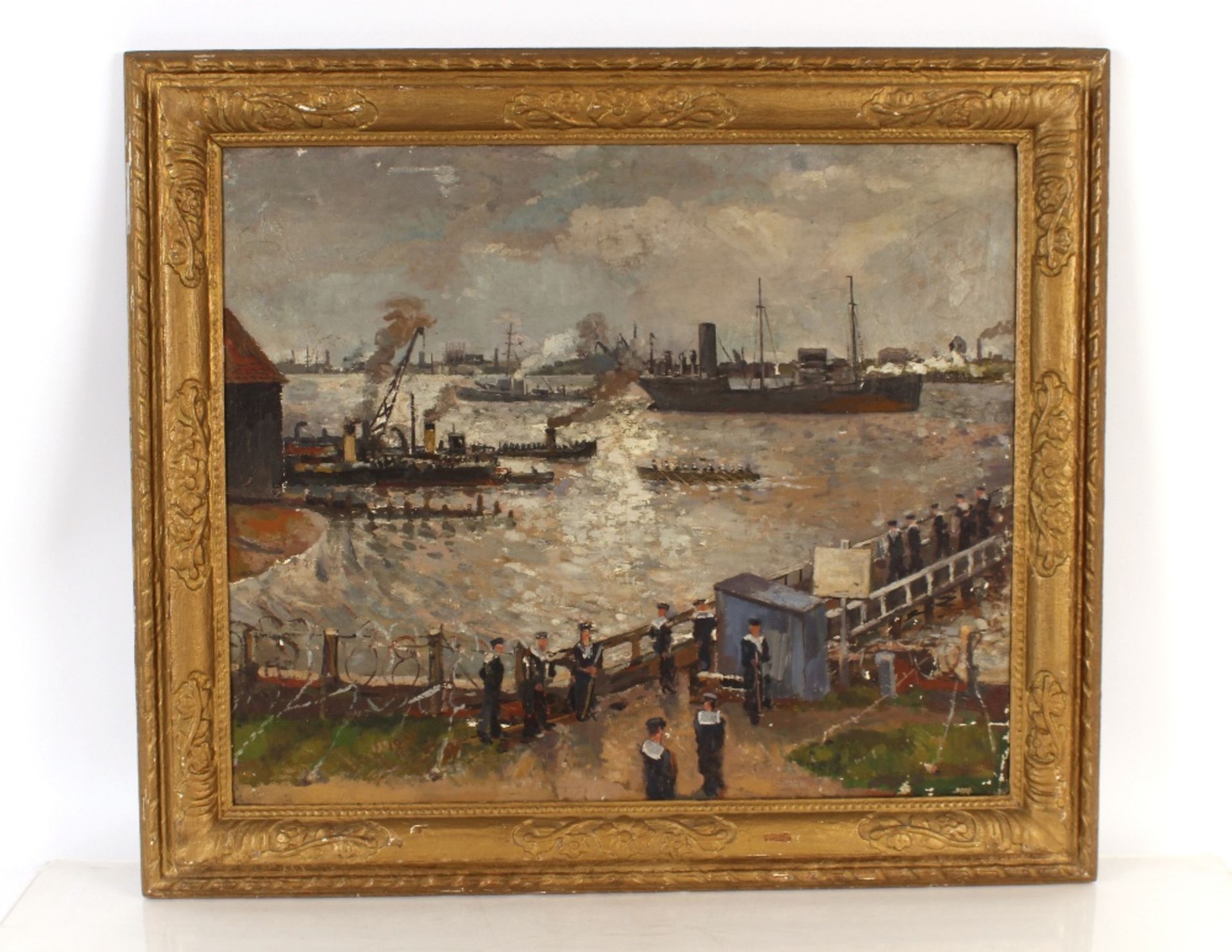 Allan Walton 1891-1948, study of a busy naval port with vessels and sailors, signed oil on canvas, - Image 2 of 15