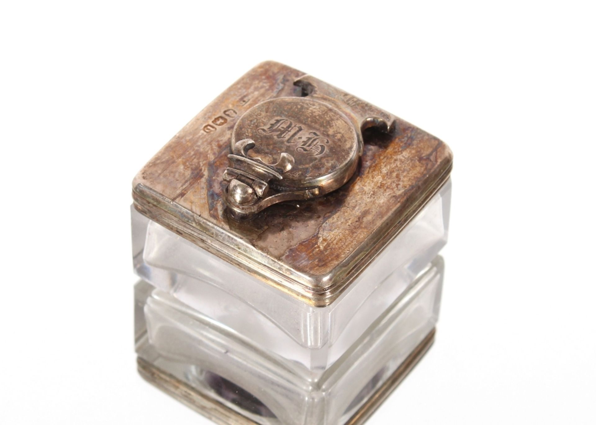 A glass and silver mounted travelling inkwell, probably London 1817