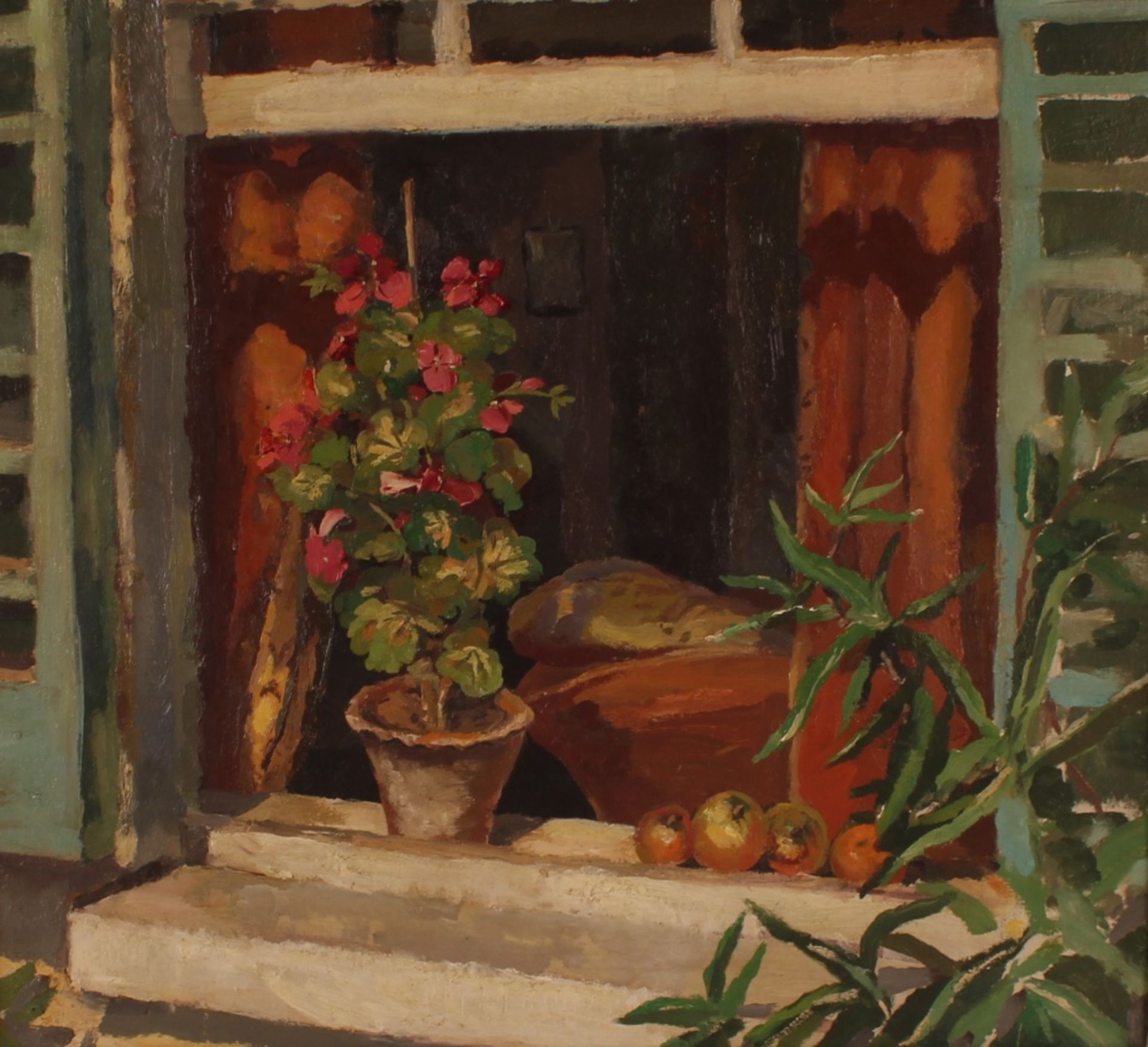 Attributed to Allan Walton, study off lowers and fruit on a window ledge, unsigned oil on canvas,