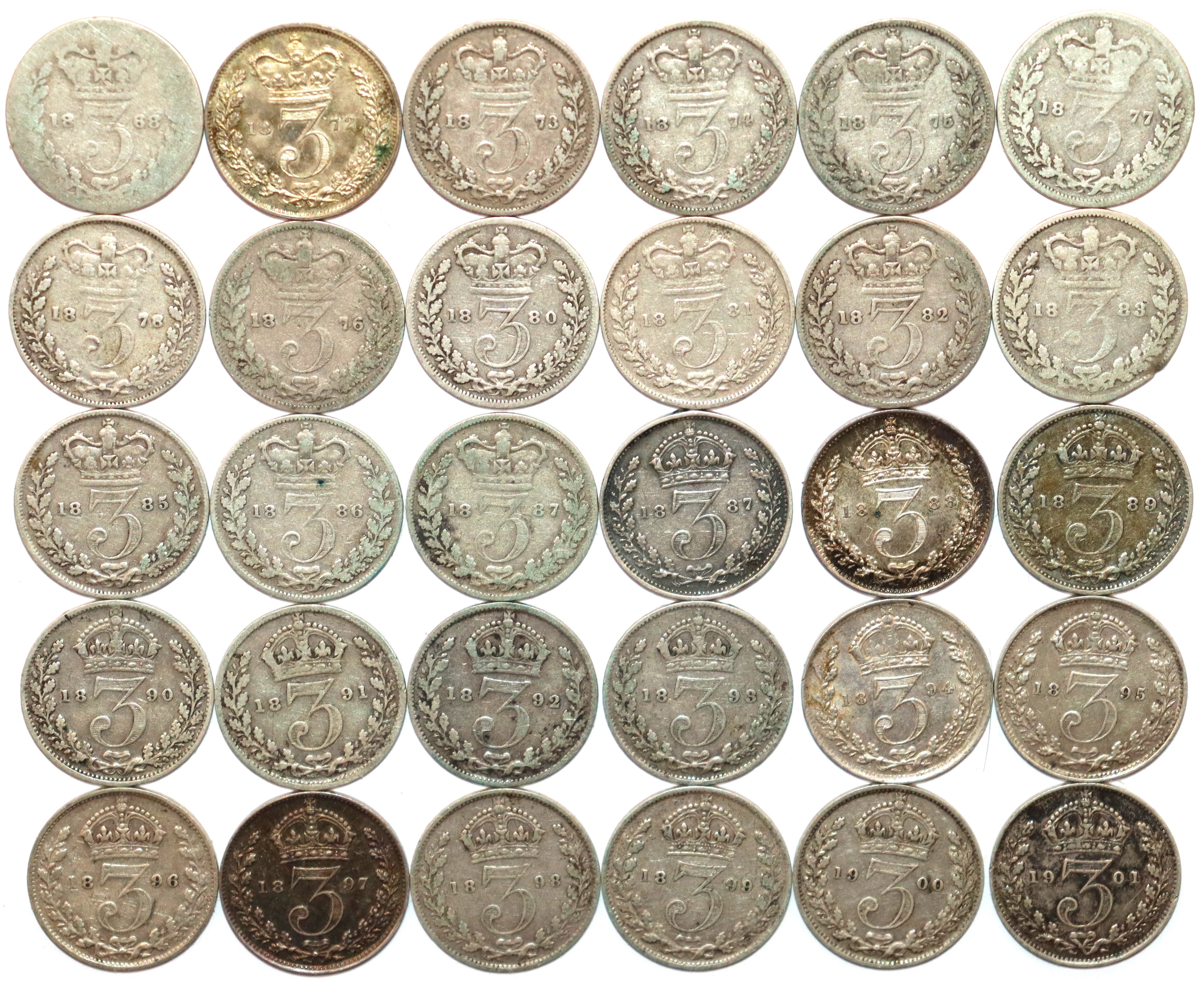 A collection of 30 Victorian silver threepence pieces