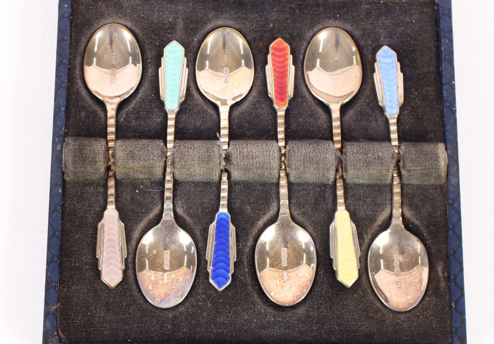 A set of cased silver and enamel teaspoons by Henry Clifford, Birmingham 1934 - Image 2 of 2